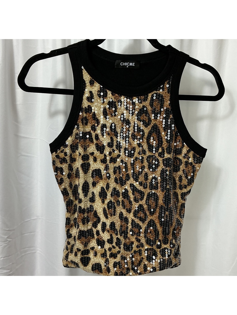 CHICME Leopard Print Sequin Tank Top Women’s Medium Sleeveless Racerback Stretch